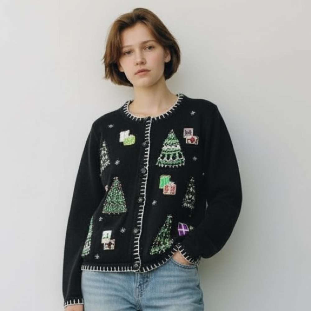 Vintage White Stag Beaded Black Festive Cardigan Sweater